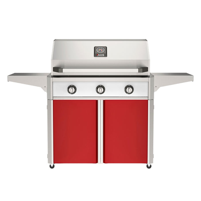 American Outdoor Grill 36" T-Series Portable Gas Grill with white accent panel and red accent panel cart base, large analog thermometer and push-button electronic ignition with backlit comfort-touch control knobs.
