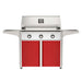 American Outdoor Grill 36" T-Series Portable Gas Grill with white accent panel and red accent panel cart base, large analog thermometer and push-button electronic ignition with backlit comfort-touch control knobs.
