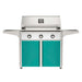 American Outdoor Grill 36" T-Series Portable Gas Grill with white accent panel and teal accent panel cart base, large analog thermometer and push-button electronic ignition with backlit comfort-touch control knobs.
