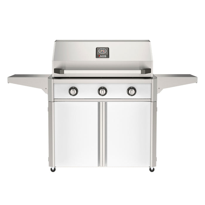American Outdoor Grill 36" T-Series Portable Gas Grill with white accent panel and white accent panel cart base, large analog thermometer and push-button electronic ignition with backlit comfort-touch control knobs.
