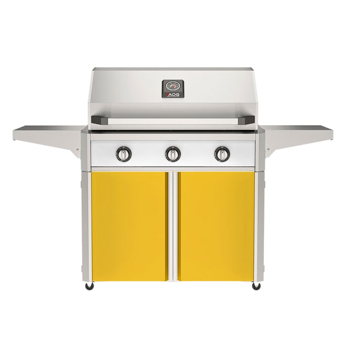 American Outdoor Grill 36" T-Series Portable Gas Grill with white accent panel and yellow accent panel cart base, large analog thermometer and push-button electronic ignition with backlit comfort-touch control knobs.
