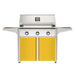 American Outdoor Grill 36" T-Series Portable Gas Grill with white accent panel and yellow accent panel cart base, large analog thermometer and push-button electronic ignition with backlit comfort-touch control knobs.
