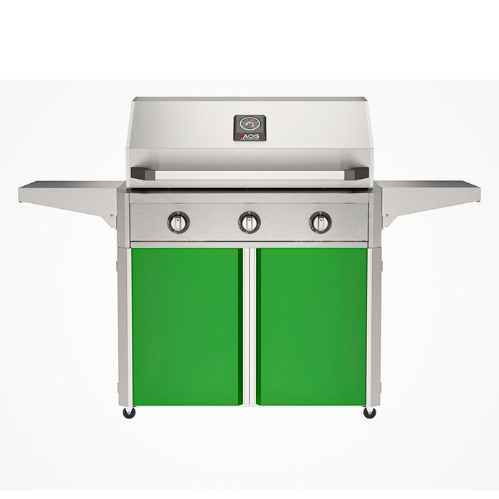 American Outdoor Grill 36" T-Series Portable Gas Grill with green cart accent panel.
