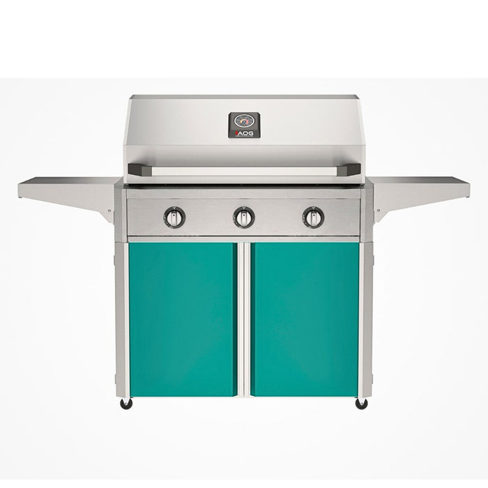 American Outdoor Grill 36" T-Series Portable Gas Grill with teal cart accent panel.
