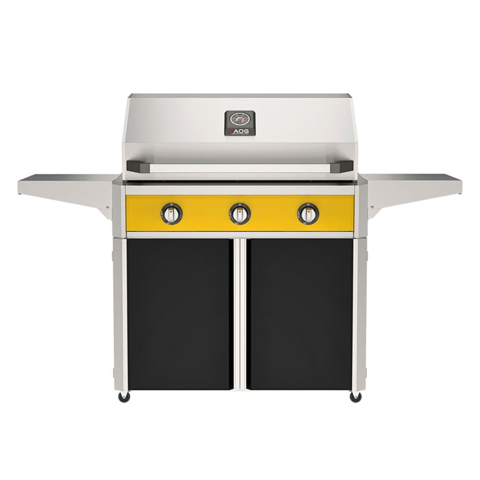 American Outdoor Grill 36" T-Series Portable Gas Grill with yellow accent panel and black accent panel cart base, large analog thermometer and push-button electronic ignition with backlit comfort-touch control knobs.
