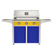 American Outdoor Grill 36" T-Series Portable Gas Grill with yellow accent panel and blue accent panel cart base, large analog thermometer and push-button electronic ignition with backlit comfort-touch control knobs.
