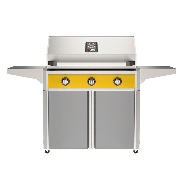 American Outdoor Grill 36" T-Series Portable Gas Grill with yellow accent panel and gray accent panel cart base, large analog thermometer and push-button electronic ignition with backlit comfort-touch control knobs.
