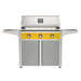American Outdoor Grill 36" T-Series Portable Gas Grill with yellow accent panel and gray accent panel cart base, large analog thermometer and push-button electronic ignition with backlit comfort-touch control knobs.
