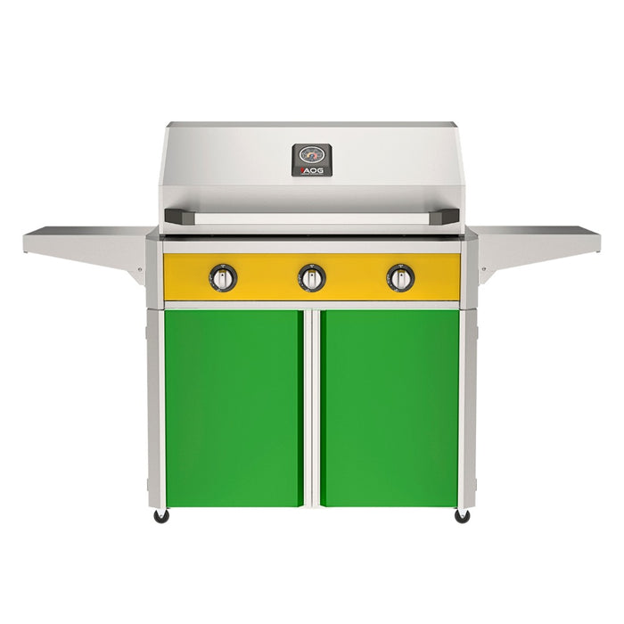 American Outdoor Grill 36" T-Series Portable Gas Grill with yellow accent panel and green accent panel cart base, large analog thermometer and push-button electronic ignition with backlit comfort-touch control knobs.
