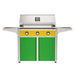 American Outdoor Grill 36" T-Series Portable Gas Grill with yellow accent panel and green accent panel cart base, large analog thermometer and push-button electronic ignition with backlit comfort-touch control knobs.
