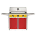 American Outdoor Grill 36" T-Series Portable Gas Grill with yellow accent panel and red accent panel cart base, large analog thermometer and push-button electronic ignition with backlit comfort-touch control knobs.
