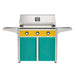 American Outdoor Grill 36" T-Series Portable Gas Grill with yellow accent panel and teal accent panel cart base, large analog thermometer and push-button electronic ignition with backlit comfort-touch control knobs.
