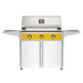 American Outdoor Grill 36" T-Series Portable Gas Grill with yellow accent panel and white accent panel cart base, large analog thermometer and push-button electronic ignition with backlit comfort-touch control knobs.
