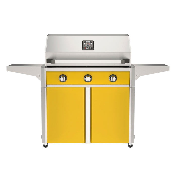 American Outdoor Grill 36" T-Series Portable Gas Grill with yellow accent panel and yellow accent panel cart base, large analog thermometer and push-button electronic ignition with backlit comfort-touch control knobs.
