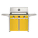 American Outdoor Grill 36" T-Series Portable Gas Grill with yellow accent panel and yellow accent panel cart base, large analog thermometer and push-button electronic ignition with backlit comfort-touch control knobs.
