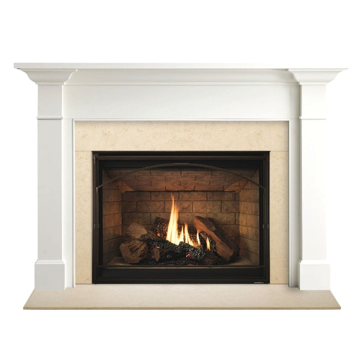 Beige Stone MBBEEMS1PK1 Set 2 Stone Fireplace Surround Installed With Transitional Style Merritt Flush Wood Mantel