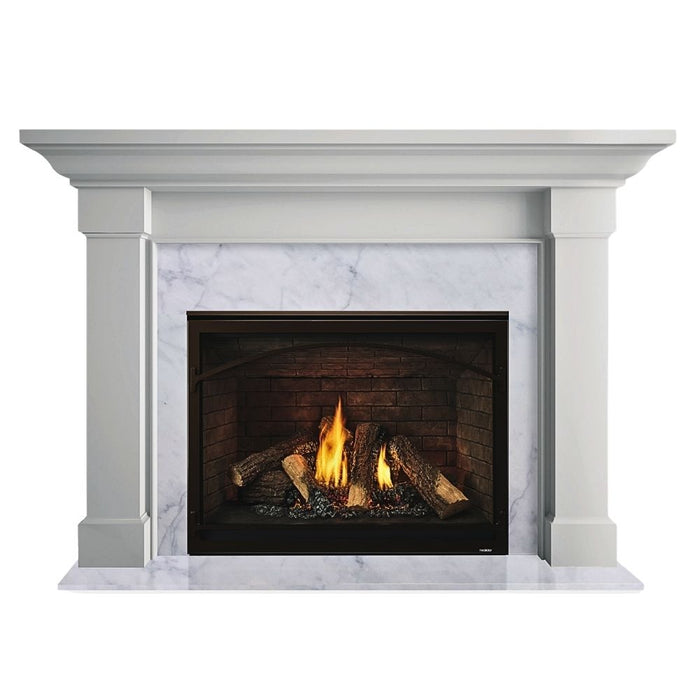 Bianco White Marble MBBVMS1PK1 Set 2 Stone Fireplace Surround Installed With Transitional Style Kenwood Flush Wood Mantel