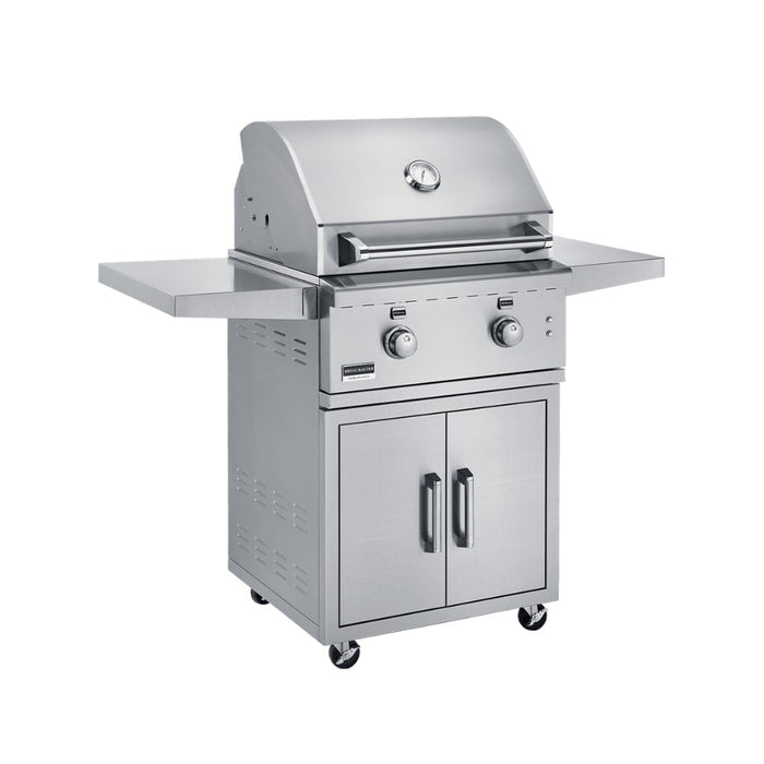 Broilmaster 26" G Series Elite Built-In Stainless Gas Grill with matching stainless cart.