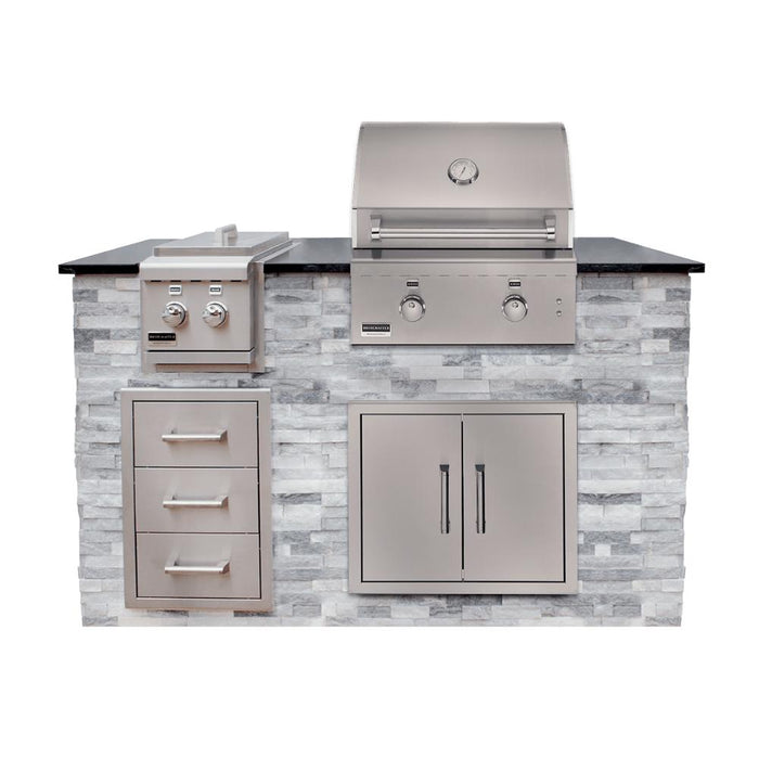 Broilmaster 26" G Series Elite Built-In Stainless Gas Grill with triple drawer, double door, and double side burner installed in a kitchen island.