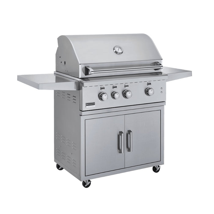 Broilmaster 34" G Series Elite Built-In Stainless Gas Grill with matching stainless cart.
