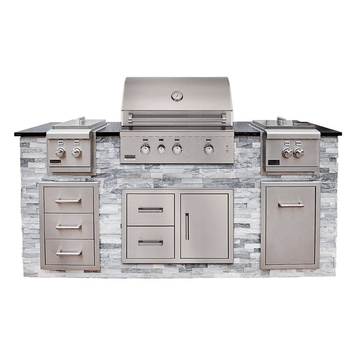 Broilmaster 34" G Series Elite Built-In Stainless Gas Grill with triple drawer, single door double drawer, waste drawer, double side and power burner installed in a kitchen island.
