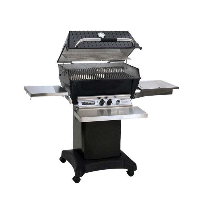 Broilmaster P3SX Super Premium Cast Aluminum Gas Grill Head with stainless steel drops down shelf, stainless steel front shelf and black cart base.
