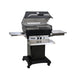 Broilmaster P3SX Super Premium Cast Aluminum Gas Grill Head with stainless steel drops down shelf, stainless steel front shelf and black cart base.