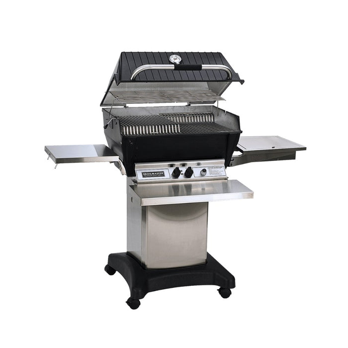 Broilmaster P3SX Super Premium Cast Aluminum Gas Grill Head with stainless steel drops down shelf, stainless steel front shelf and stainless cart base.