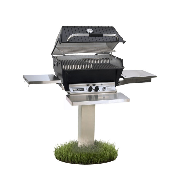 Broilmaster P3X Super Premium Cast Aluminum Gas Grill Head with stainless steel drops down shelf and stainless steel front shelf and stainless steel 48 in ground post.