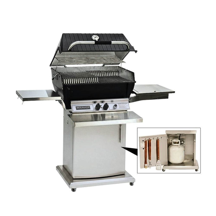 Broilmaster P3SX Super Premium Cast Aluminum Gas Grill Head with stainless steel drops down shelf, stainless steel front shelf and stainless storage cart base.