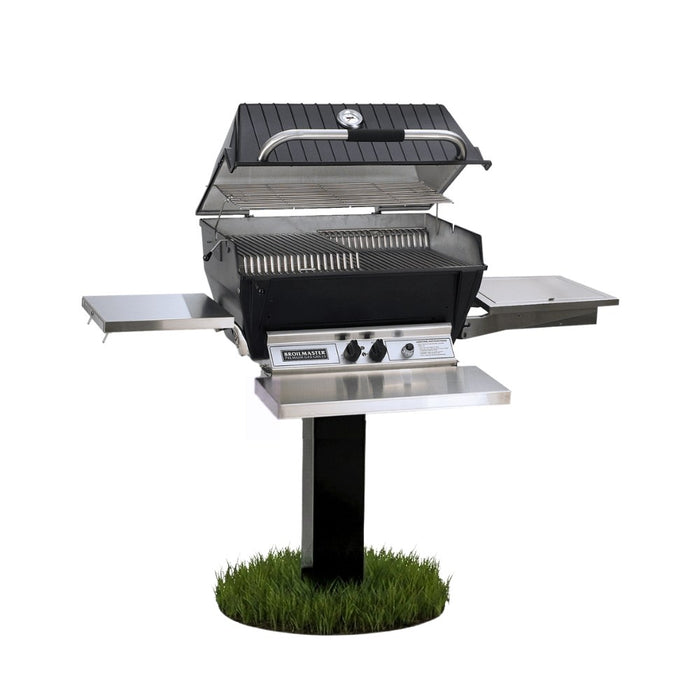Broilmaster P3X Super Premium Cast Aluminum Gas Grill Head with stainless steel drops down shelf and stainless steel front shelf and head painted steel 48" in ground post.
