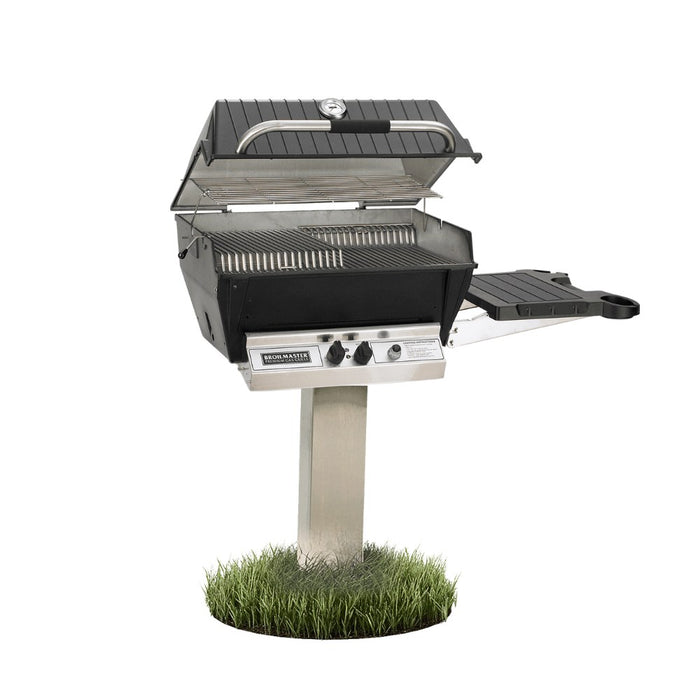 Broilmaster P3X Super Premium Cast Aluminum Gas Grill Head with black solid surface side shelf and stainless steel 48" in-ground post.