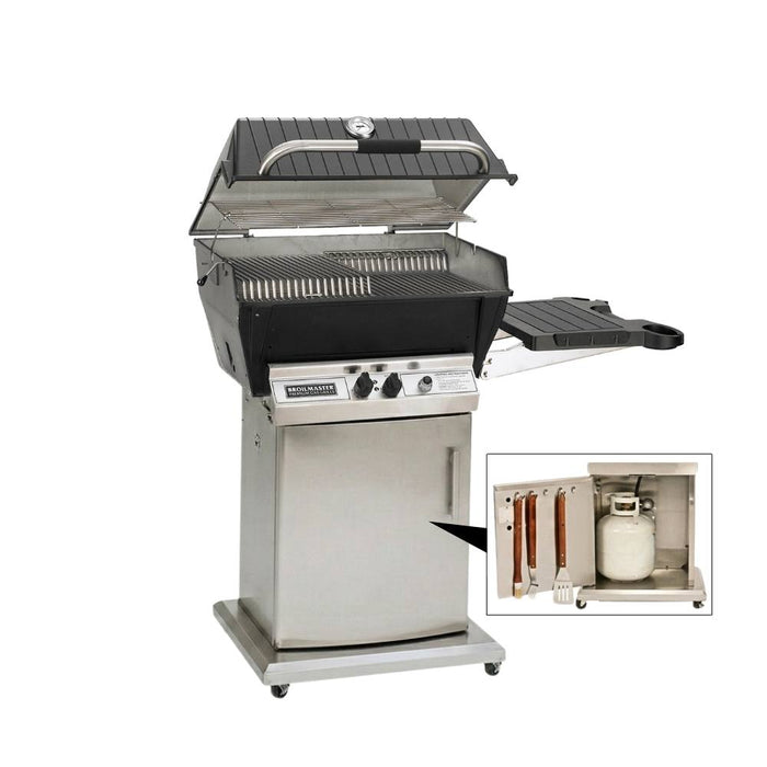 Broilmaster P3X Super Premium Cast Aluminum Gas Grill Head with black solid surface side shelf and stainless storage cart base.
