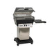 Broilmaster P3X Super Premium Cast Aluminum Gas Grill Head with black solid surface side shelf and stainless cart base.
