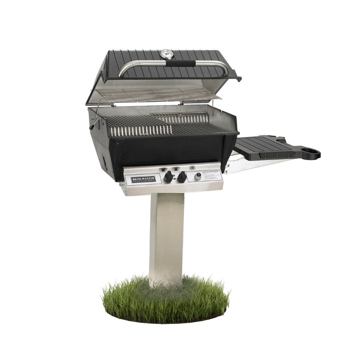 Broilmaster P3XF Super Premium Cast Aluminum Gas Grill Head with black solid surface side shelf and stainless steel 48" in-ground post.