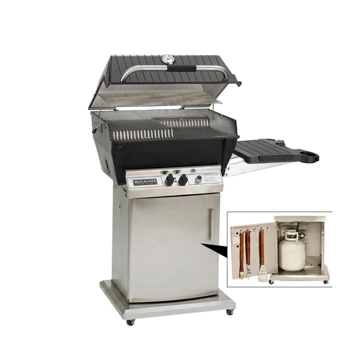 Broilmaster P3XF Super Premium Cast Aluminum Gas Grill Head with black solid surface side shelf and stainless storage cart base.
