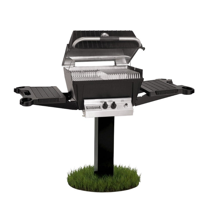 Broilmaster P4X Super Premium Cast Aluminum Gas Grill Head with black solid surface side shelves and painted steel 48" in-ground post.
