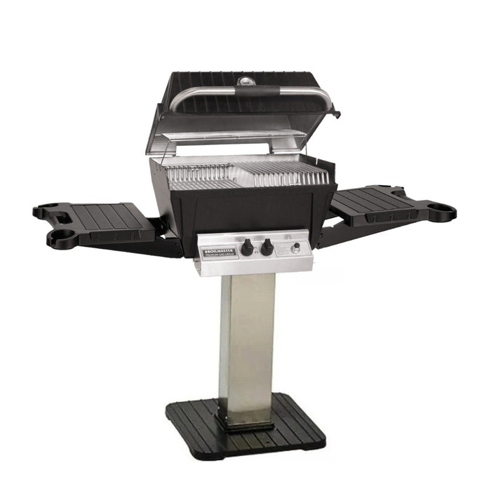 Broilmaster P4X Super Premium Cast Aluminum Gas Grill Head with black solid surface side shelves and stainless steel 26" patio post.
