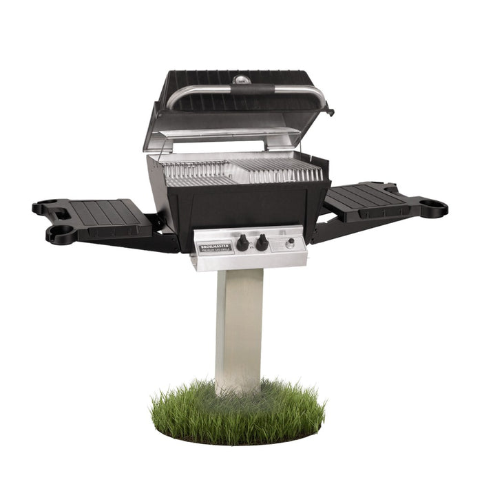 Broilmaster P4X Super Premium Cast Aluminum Gas Grill Head with black solid surface side shelves and stainless steel 48" in-ground post.
