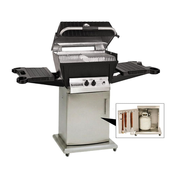 Broilmaster P4XF Super Premium Cast Aluminum Gas Grill Head with black solid surface side shelves and stainless storage cart base.
