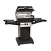 Broilmaster P4XF Super Premium Cast Aluminum Gas Grill Head with black solid surface side shelves and black cart base.

