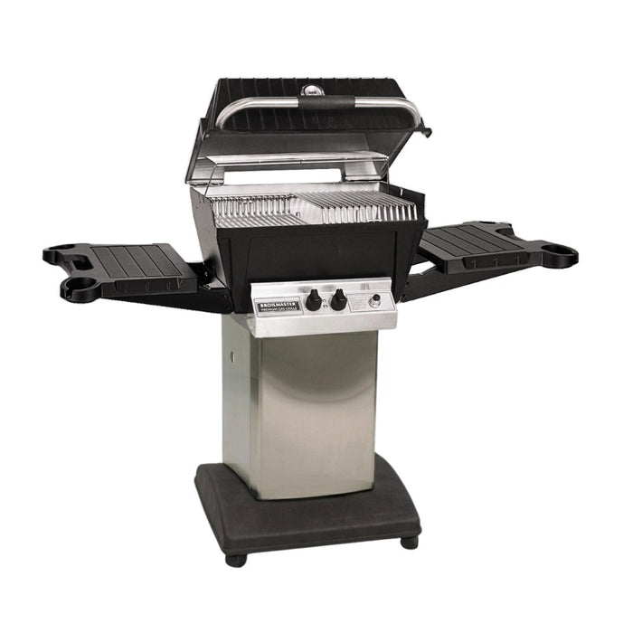 Broilmaster P4XF Super Premium Cast Aluminum Gas Grill Head with black solid surface side shelves and stainless cart base.
