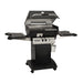 Broilmaster Q3X Gas Slow Cooker / Smoker Head with black solid surface side shelves and black cart base.
