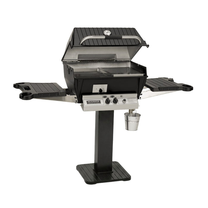 Broilmaster Q3X Gas Slow Cooker / Smoker Head with black solid surface side shelves and painted steel 26" patio post.
