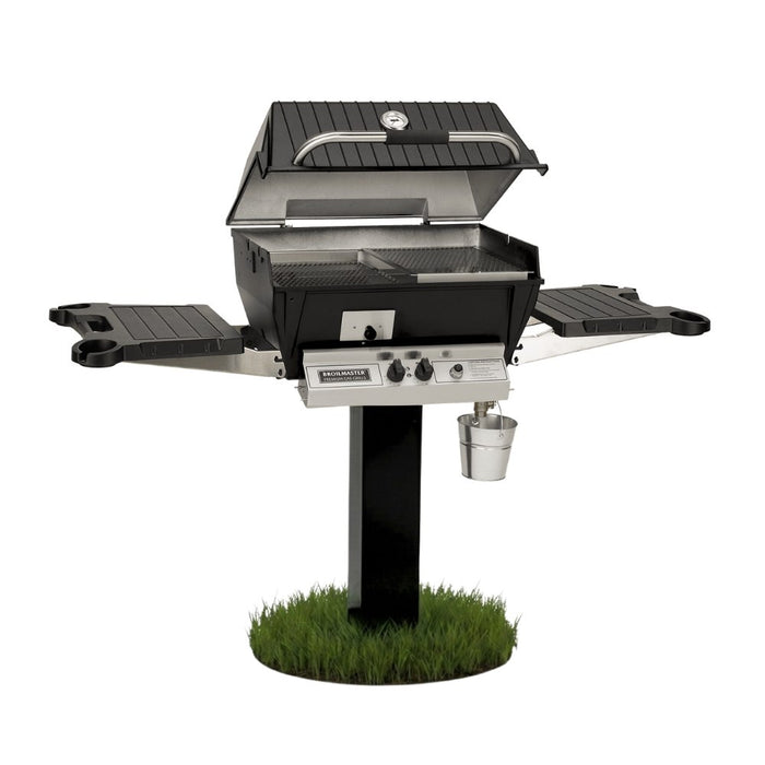 Broilmaster Q3X Gas Slow Cooker / Smoker Head with black solid surface side shelves and painted steel 48" in-ground post.
