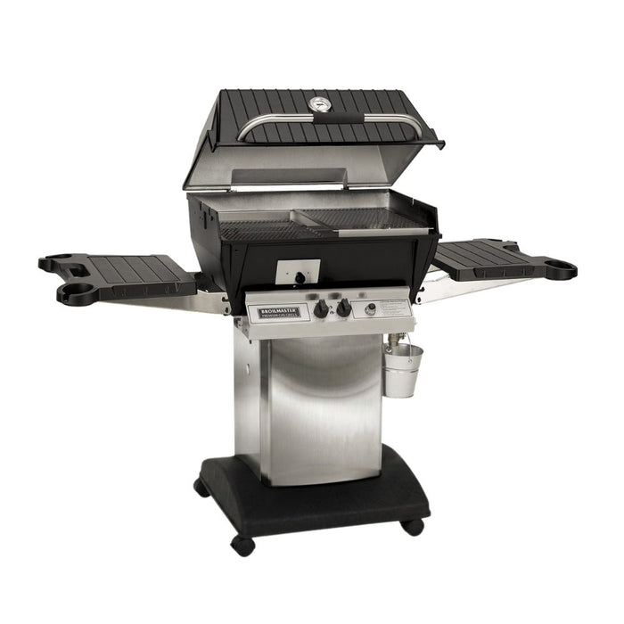 Broilmaster Q3X Gas Slow Cooker / Smoker Head with black solid surface side shelves and stainless cart base.
