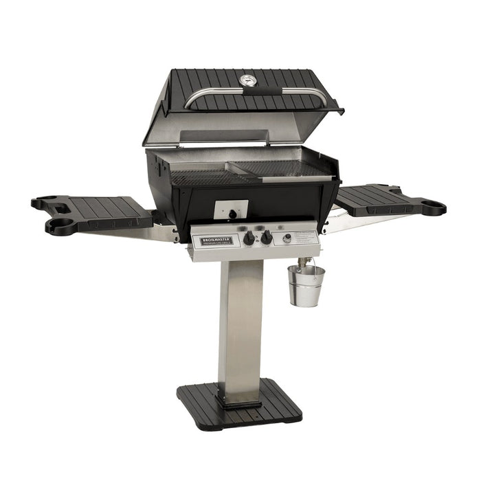 Broilmaster Q3X Gas Slow Cooker / Smoker Head with black solid surface side shelves and stainless steel 26" patio post.
