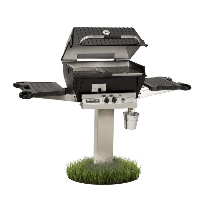 Broilmaster Q3X Gas Slow Cooker / Smoker Head with black solid surface side shelves and stainless steel 48" in-ground post.