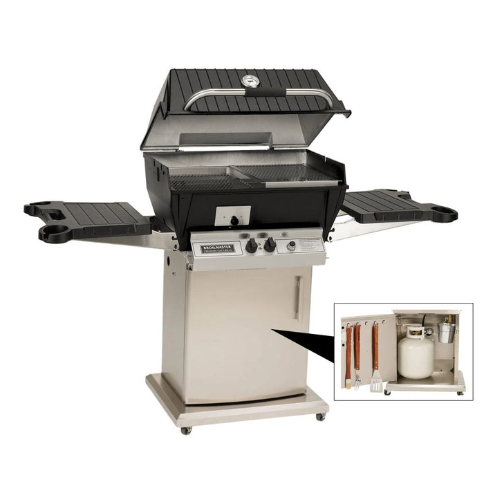 Broilmaster Q3X Gas Slow Cooker / Smoker Head with black solid surface side shelves and stainless storage cart base.
