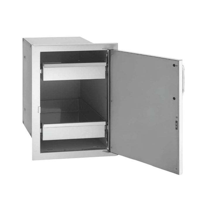 Fire Magic 5-Series Single Door with Dual Drawers shown in open door and in  rigth hinge